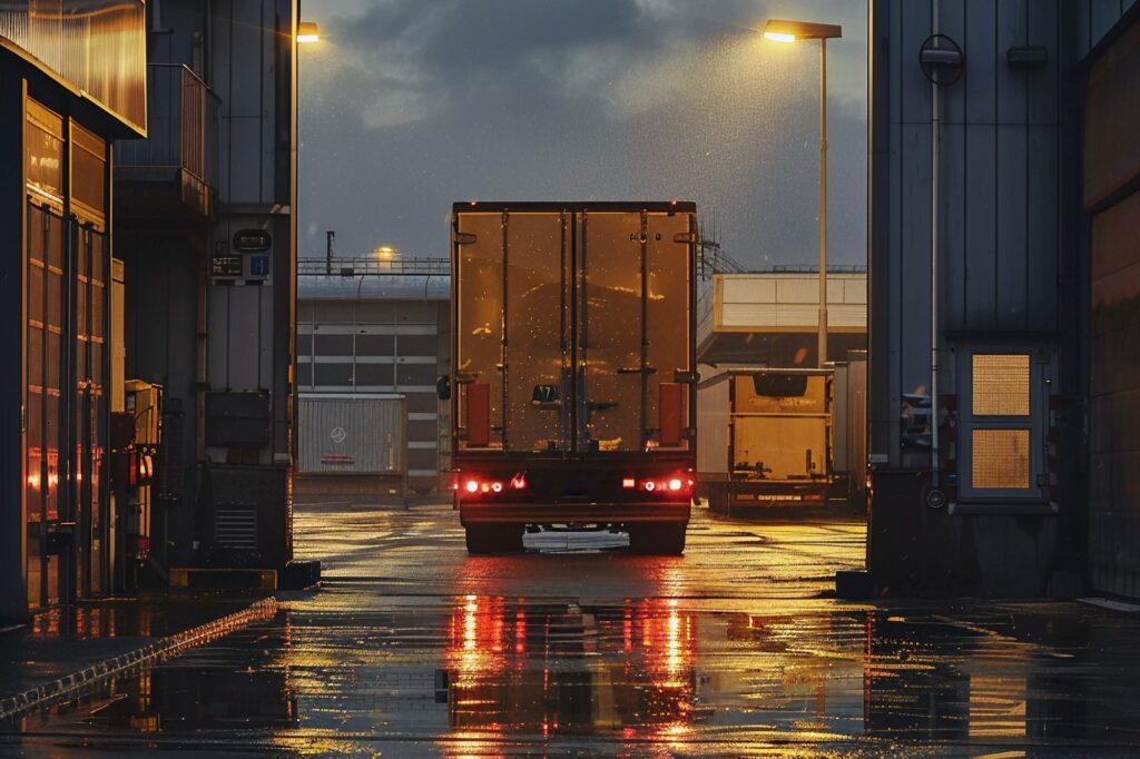 Trucks driving through a wet industrial area at night, highlighting the robust logistics of FlowLogicks.